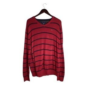 Tommy Hilfiger Men's‎ Red Navy Stripe V-Neck Cotton Sweater XL